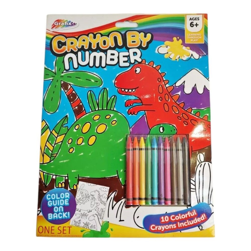 Grafix Crayon By Number 1 Printed Sheet 10 Crayons Learning Play Age 6+ Dinosaur